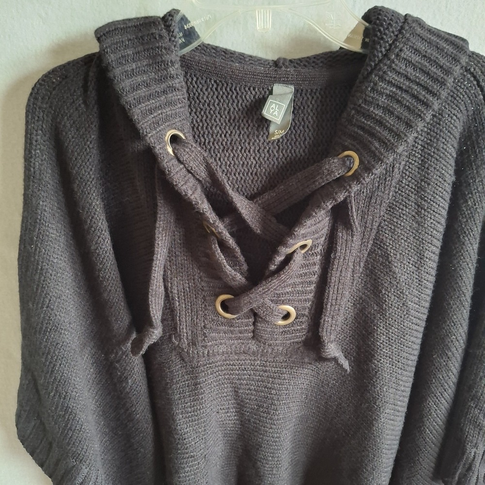 ALYA Black Knit Lace Up Hooded Poncho Sweater Womens Size S/M Cape Pullover Boho - Picture 6 of 9